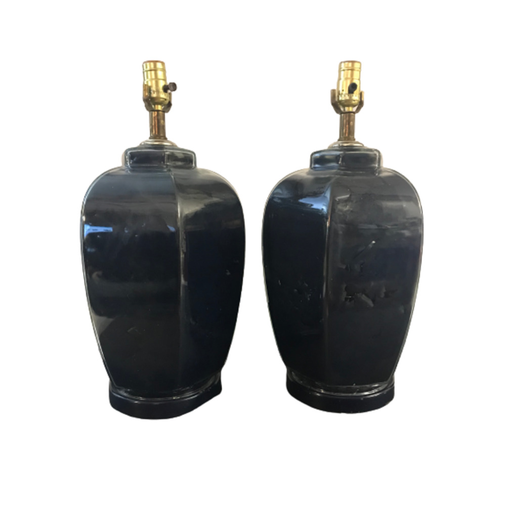 Vintage Midnight Blue Hexagon Lamps - Brass Base - Ceramic Bulb - Shaped Design
